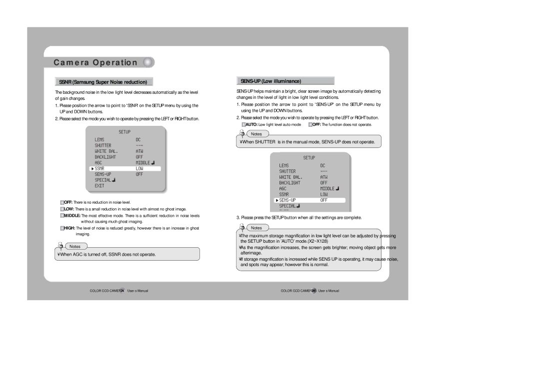 Sony SDC-313A instruction manual Ssnr Samsung Super Noise reduction, SENS-UP Low illuminance 