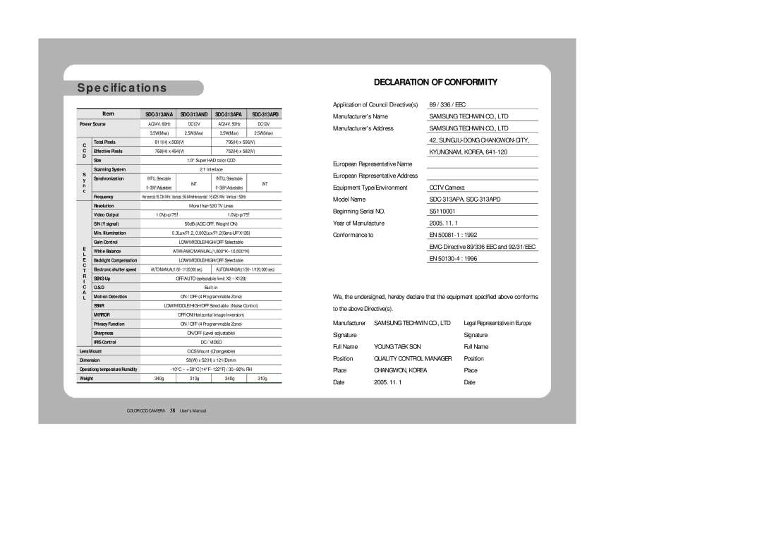 Sony instruction manual Specifications, SDC-313APA 