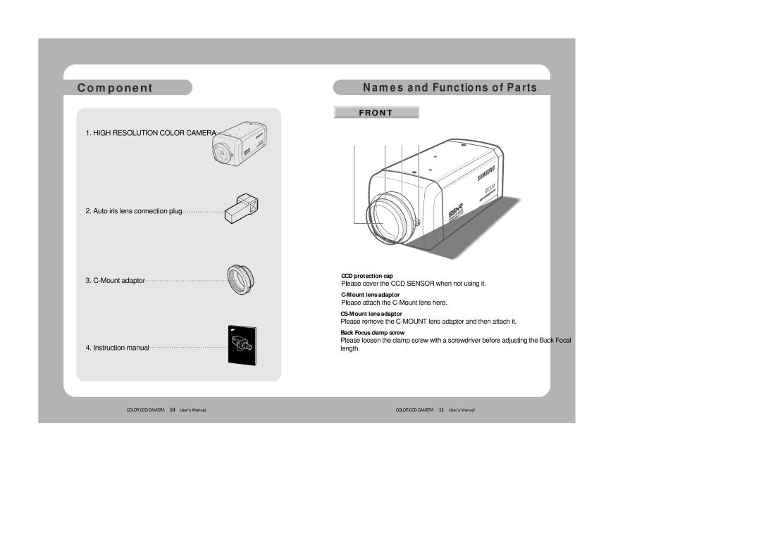 Sony SDC-313A instruction manual Component, Front, Auto iris lens connection plug Mount adaptor 