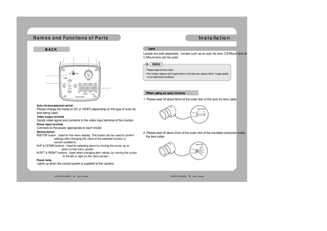 Sony SDC-313A instruction manual Installation, Back, Lens, When using an auto iris lens 