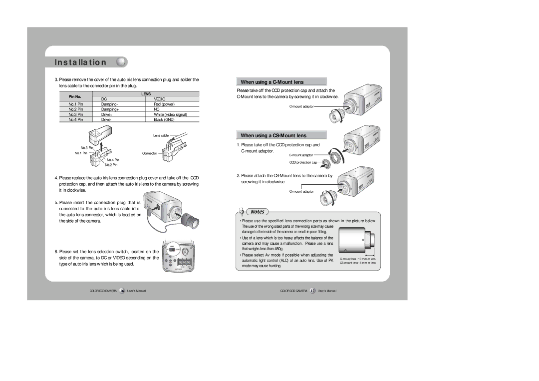 Sony SDC-313A instruction manual When using a C-Mount lens, When using a CS-Mount lens 