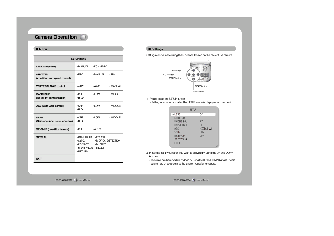 Sony SDC-415 SERIES instruction manual Camera Operation, Menu, Settings 