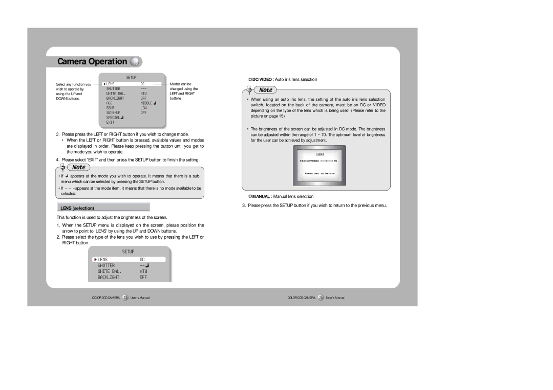 Sony SDC-415 SERIES instruction manual Lens selection, Manual Manual lens selection 