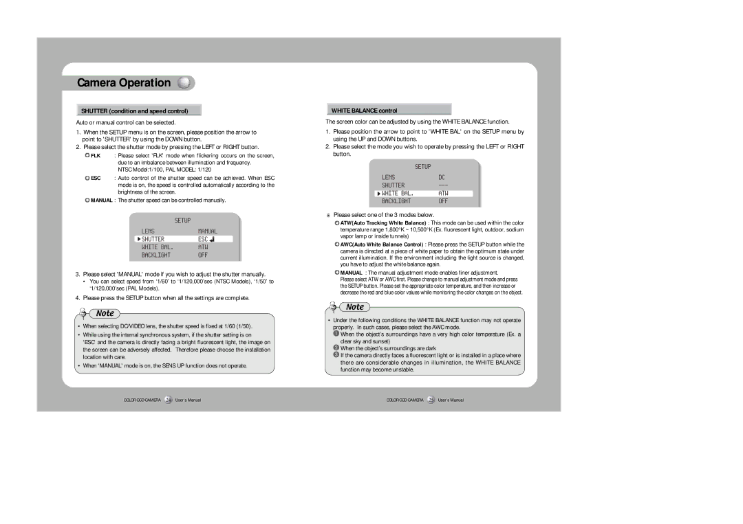 Sony SDC-415 SERIES instruction manual Shutter condition and speed control, White Balance control 