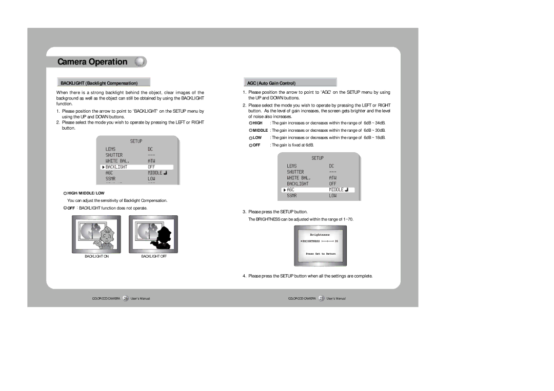 Sony SDC-415 SERIES instruction manual Backlight Backlight Compensation, AGC Auto Gain Control, High/Middle/Low 