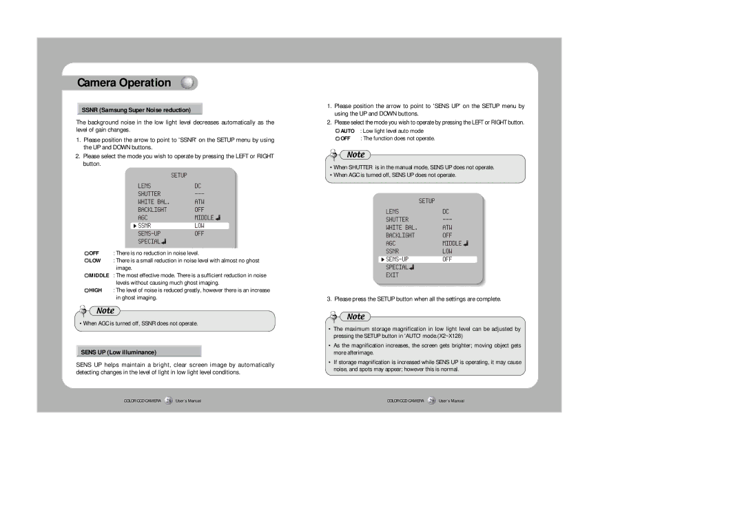 Sony SDC-415 SERIES instruction manual Ssnr Samsung Super Noise reduction, Sens UP Low illuminance 