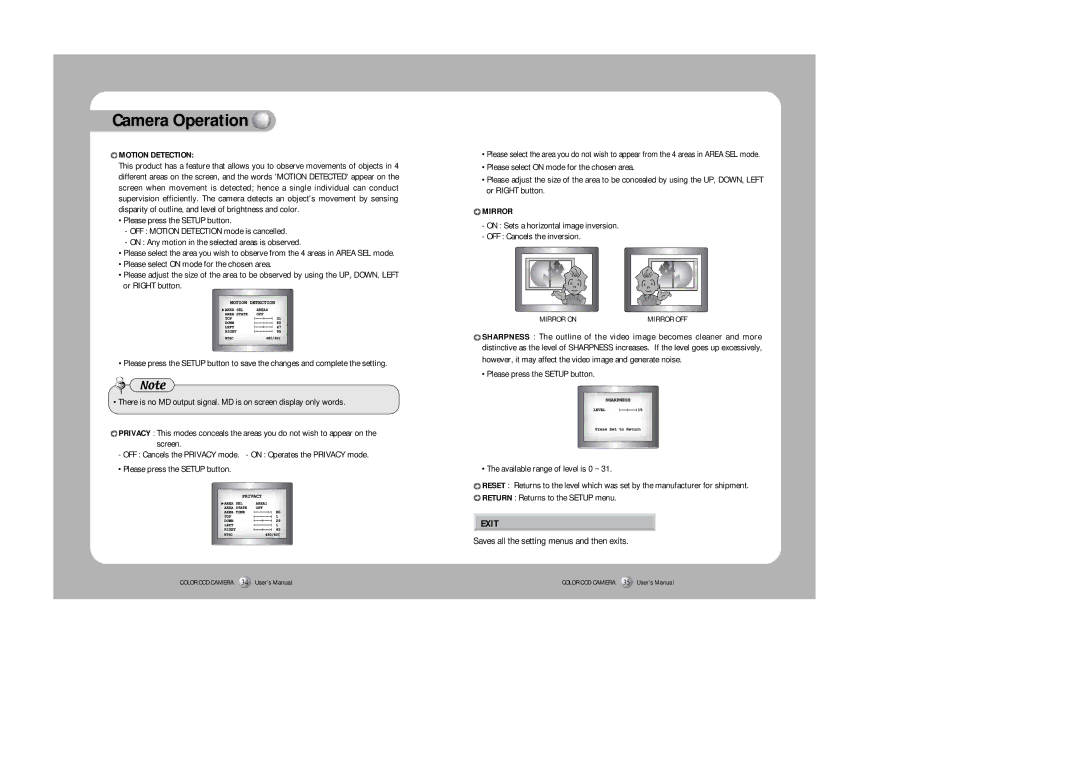 Sony SDC-415 SERIES instruction manual Motion Detection, Mirror 