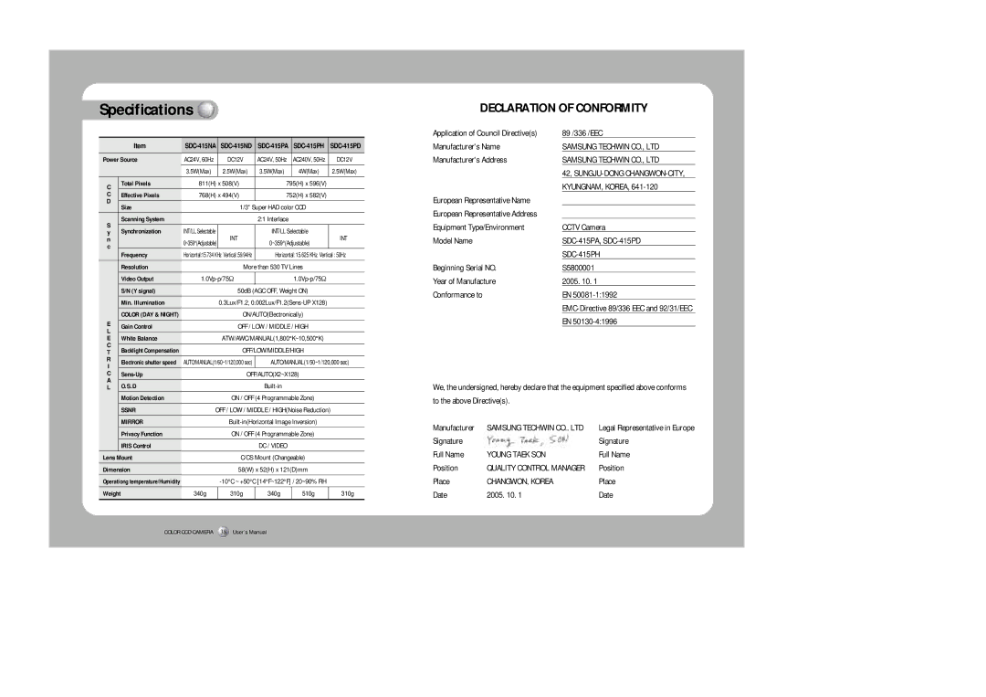 Sony SDC-415 SERIES instruction manual Specifications, White Balance 