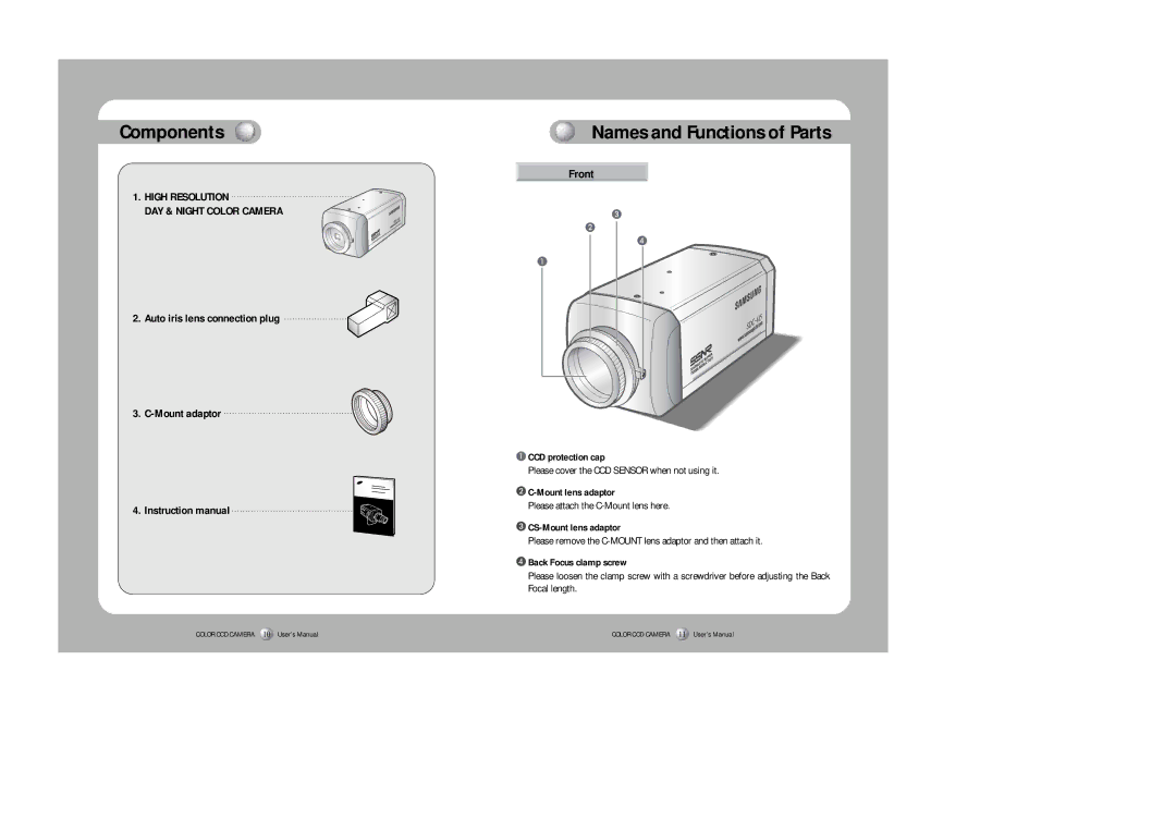 Sony SDC-415 SERIES Components, Names and Functions of Parts, Front, Auto iris lens connection plug Mount adaptor 