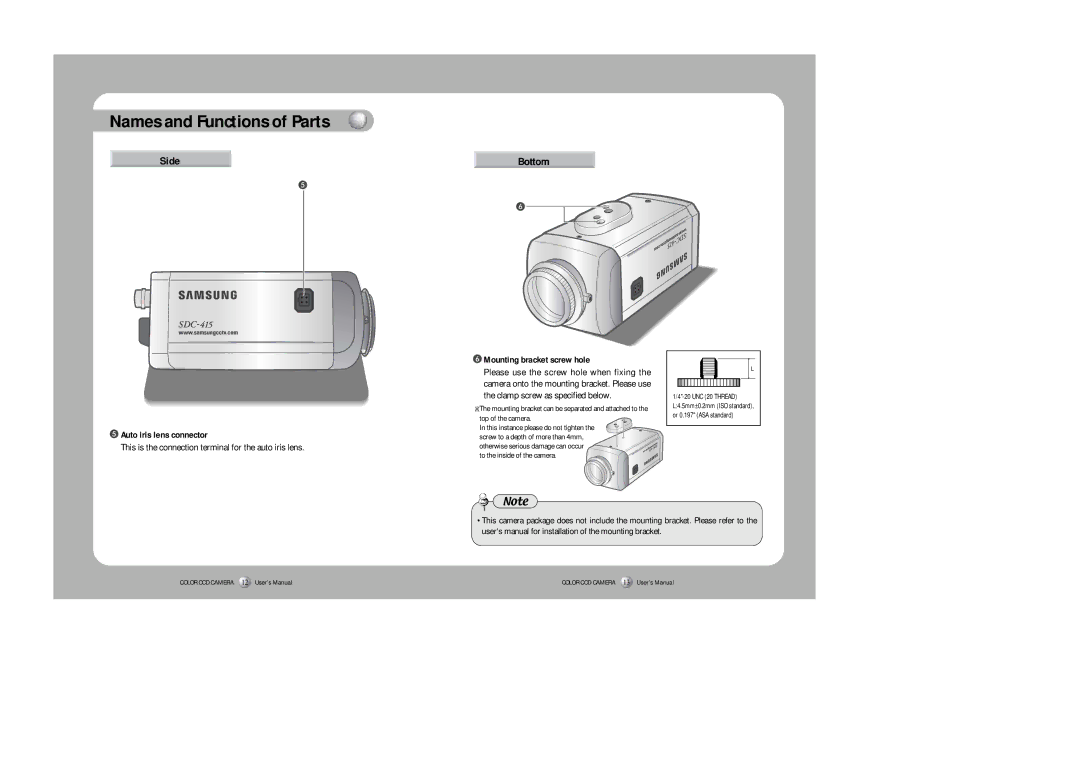 Sony SDC-415 SERIES instruction manual Side Bottom, Auto iris lens connector, Mounting bracket screw hole 