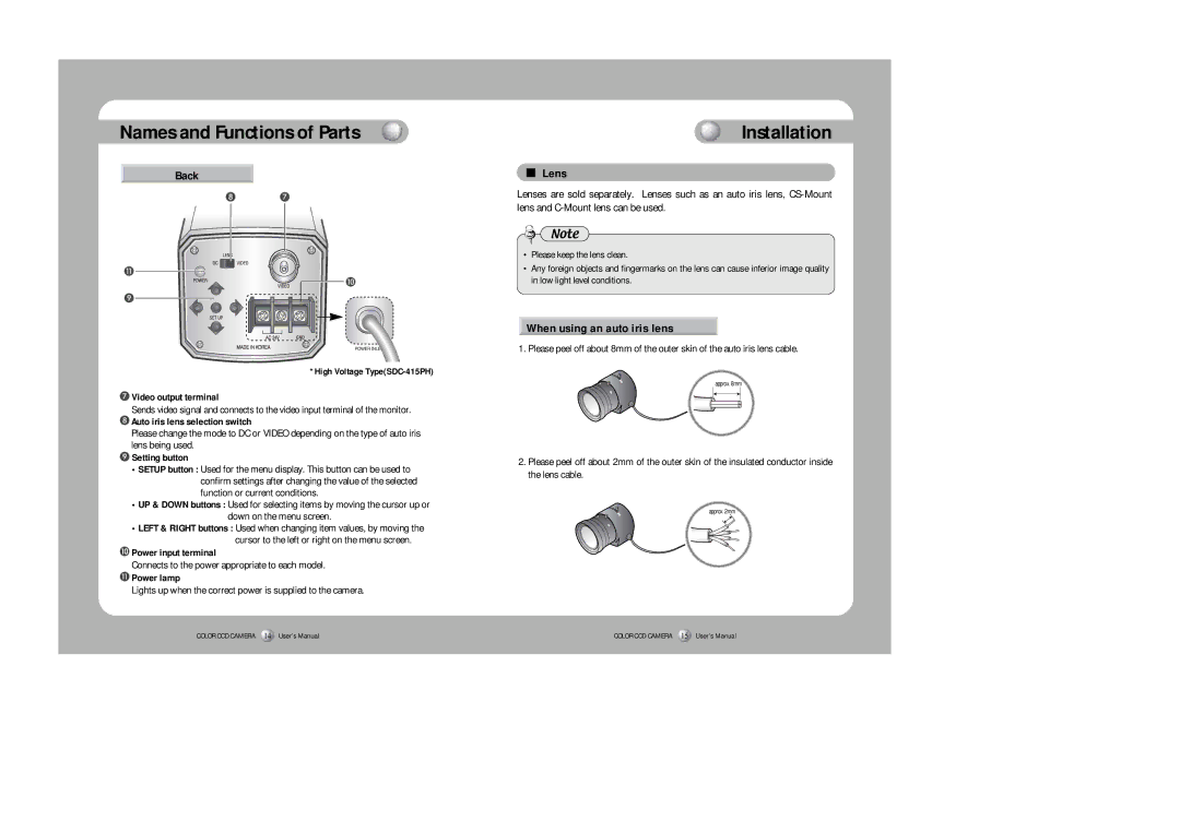 Sony SDC-415 SERIES instruction manual Installation, Back, Lens, When using an auto iris lens 