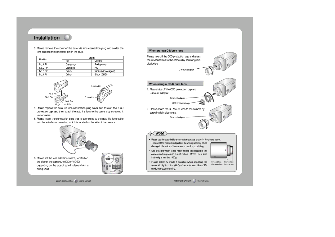 Sony SDC-415 SERIES instruction manual When using a C-Mount lens, When using a CS-Mount lens, Pin No, Lens 