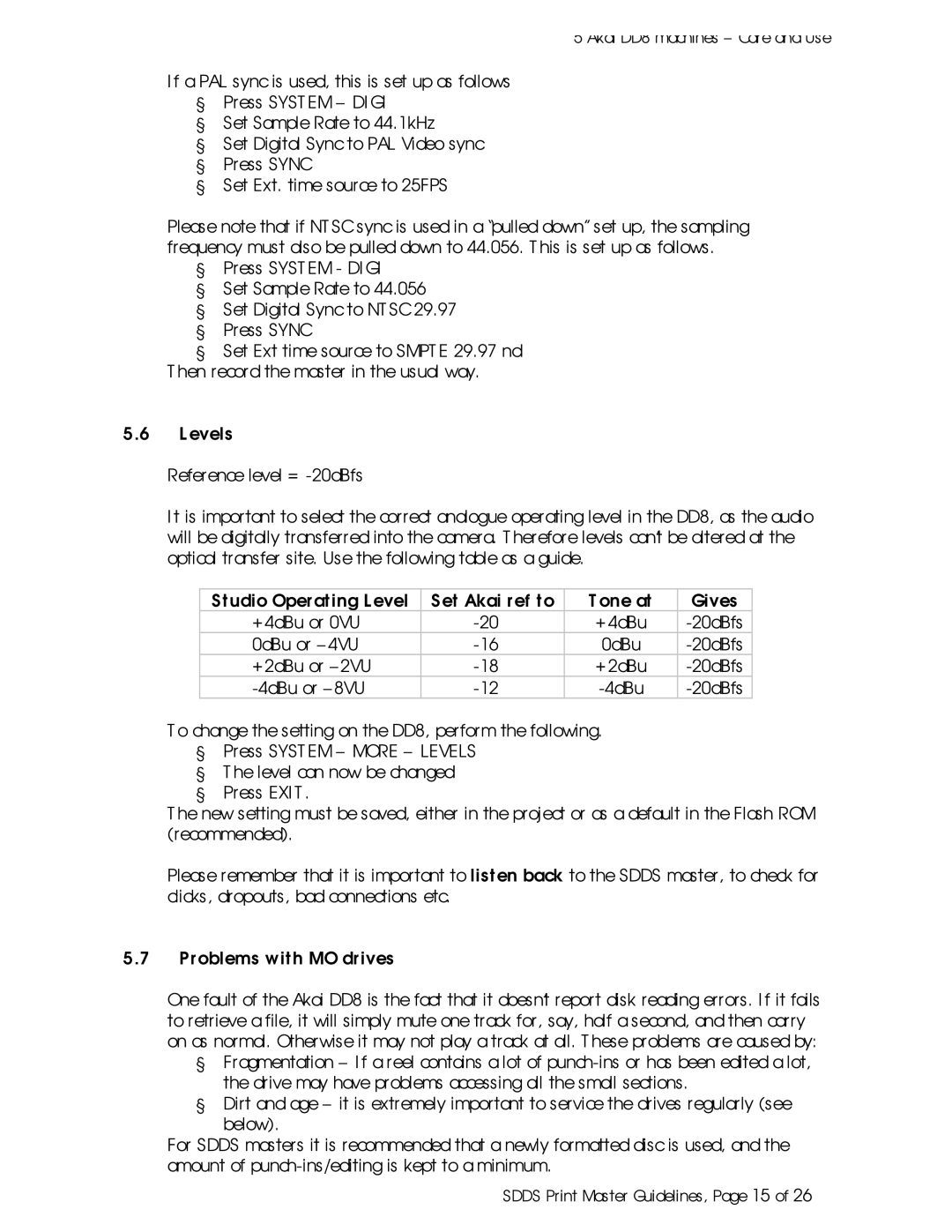 Sony SDDS Print Master manual 0dBu or -4VU 