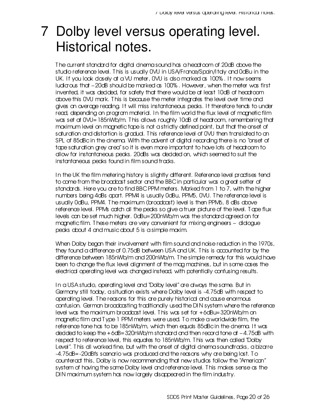 Sony SDDS Print Master manual Dolby level versus operating level. Historical notes 