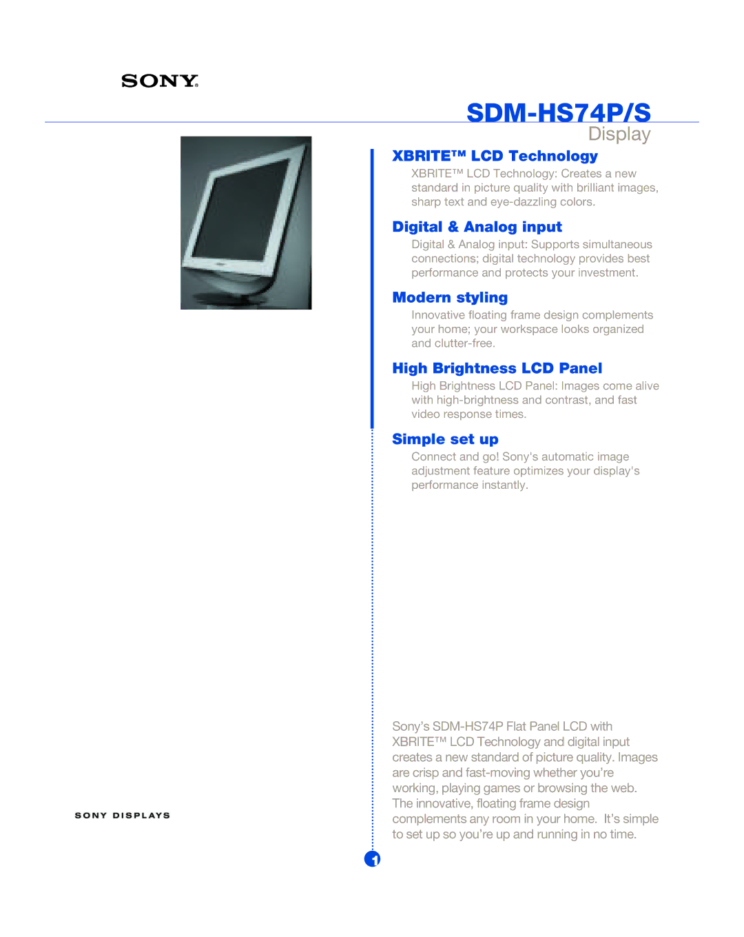 Sony manual SDM-HS74P/S, Display 