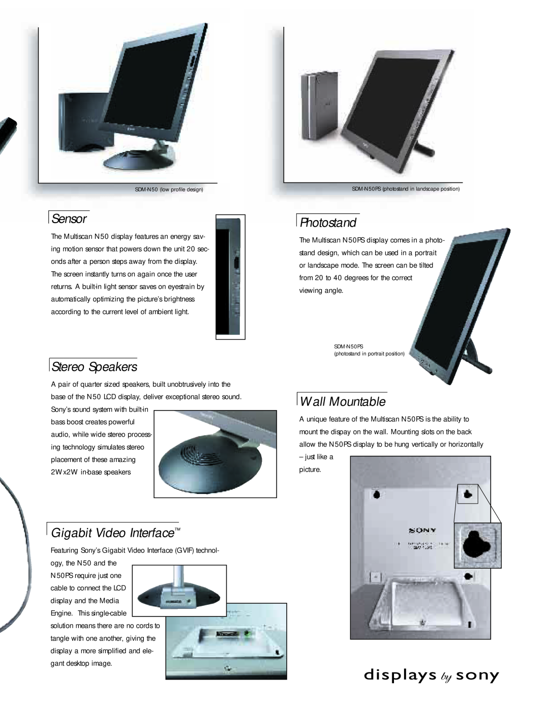 Sony SDM-N50PS manual Sensor, Stereo Speakers, Gigabit Video Interface, Photostand, Wall Mountable 