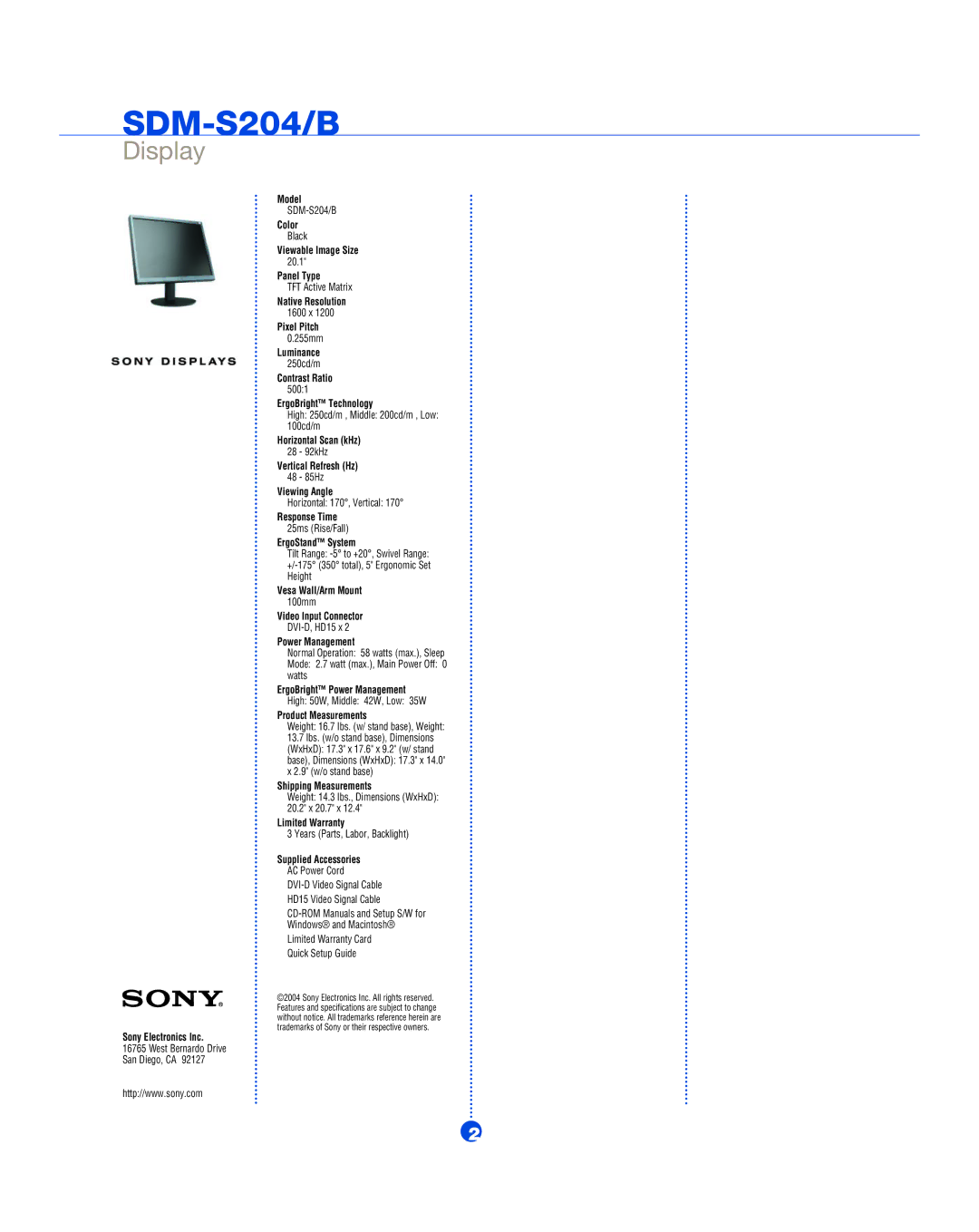 Sony SDM-S204/B Model, Color, Viewable Image Size, Panel Type, Native Resolution, Pixel Pitch, Luminance, Contrast Ratio 