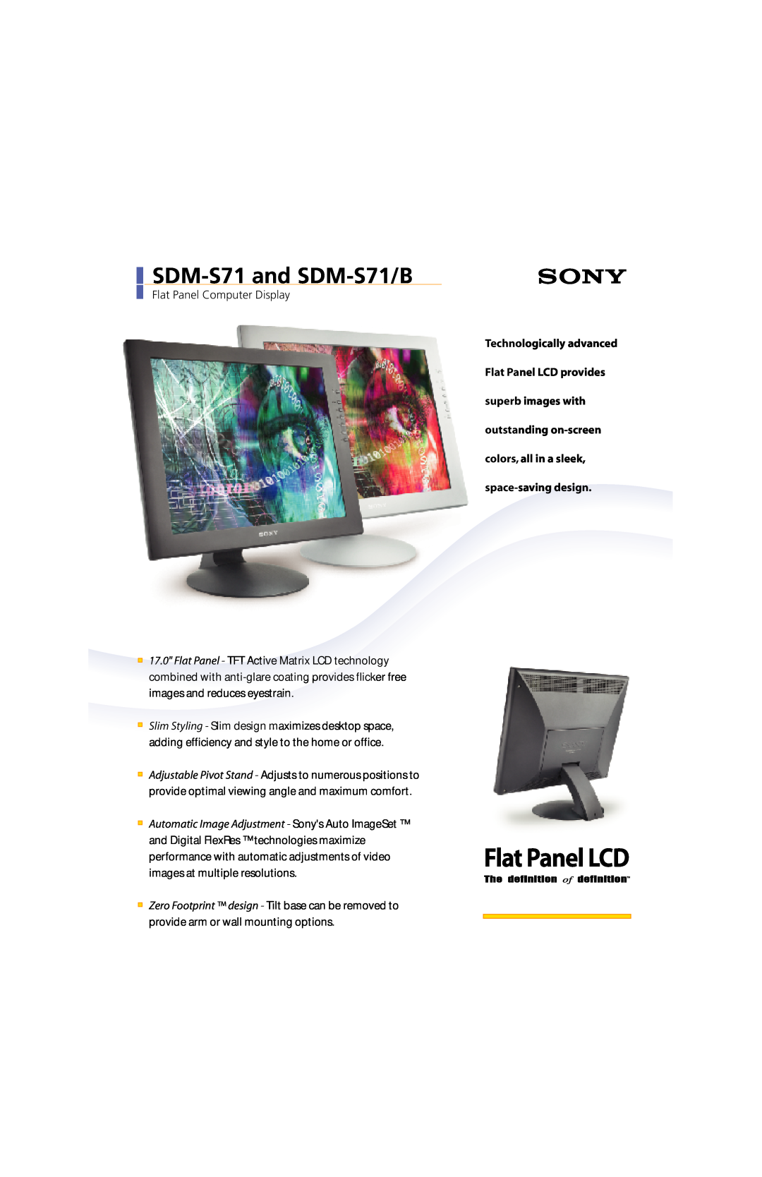 Sony manual SDM-S71 and SDM-S71/B, Technologically advanced Flat Panel LCD provides superb images with 