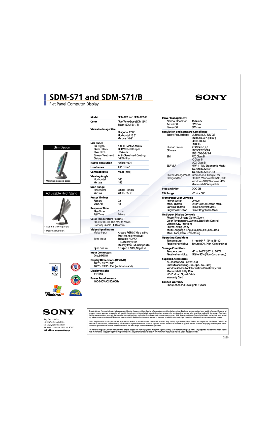 Sony manual SDM-S71 and SDM-S71/B, Flat Panel Computer Display, Slim Design, Adjustable Pivot Stand 4 Port USB Hub 
