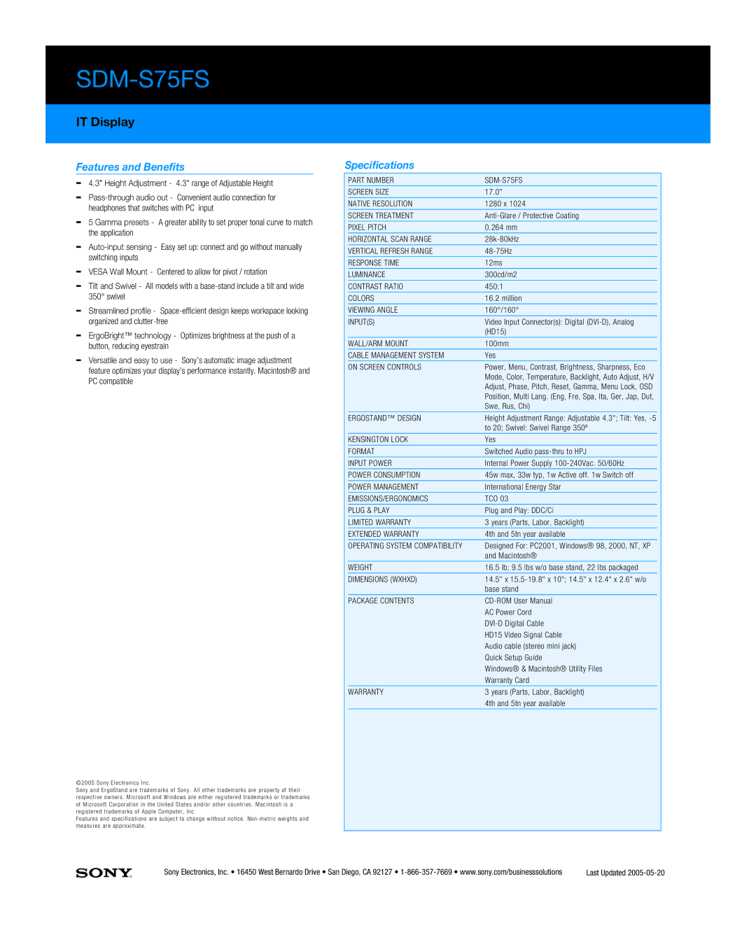 Sony SDM-S75FS manual Features and Benefits, Specifications 