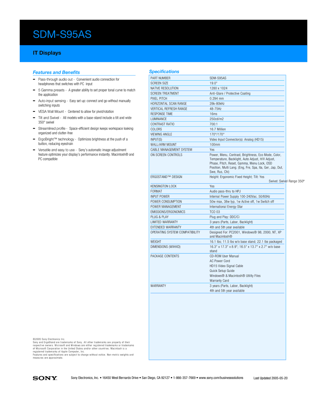 Sony SDM-S95AS manual Features and Benefits, Specifications 