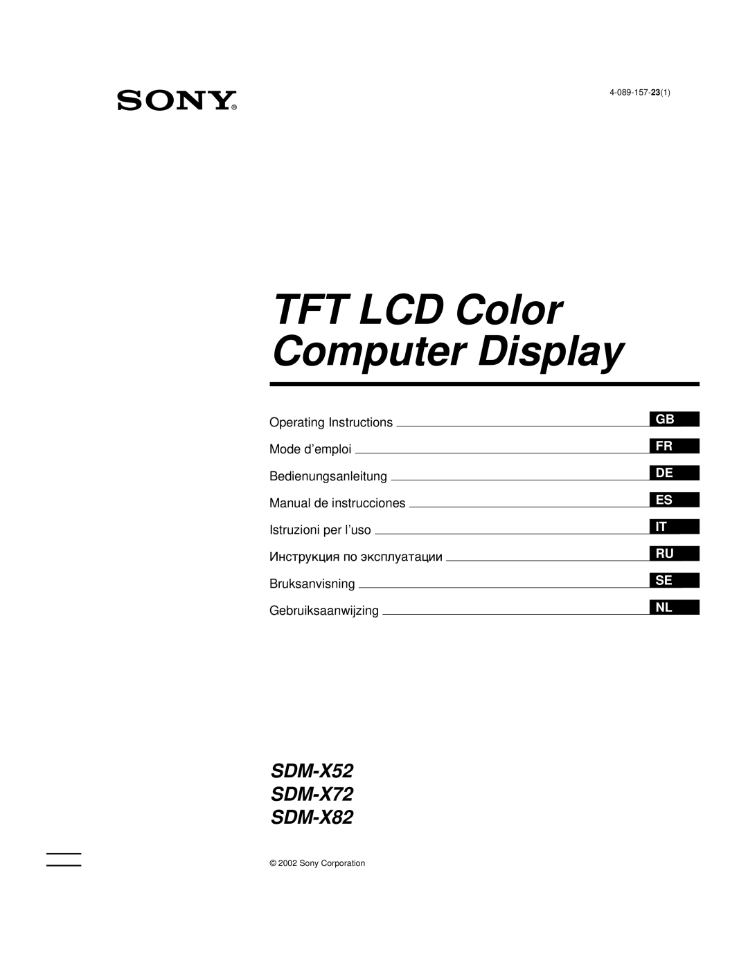 Sony SDM-X52 manual TFT LCD Color Computer Display 