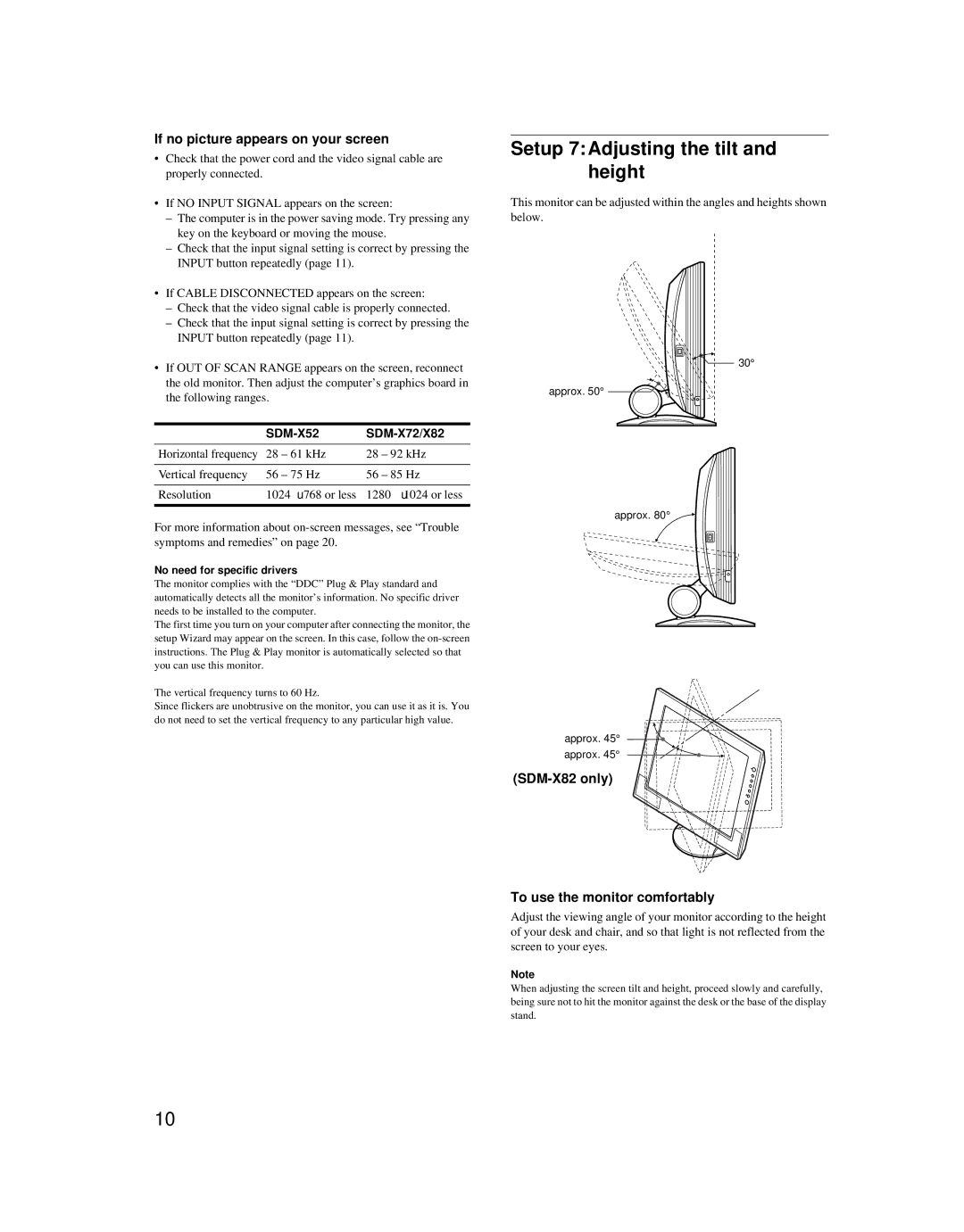 Sony SDM-X52 manual Setup 7Adjusting the tilt and height, If no picture appears on your screen, SDM-X72/X82 