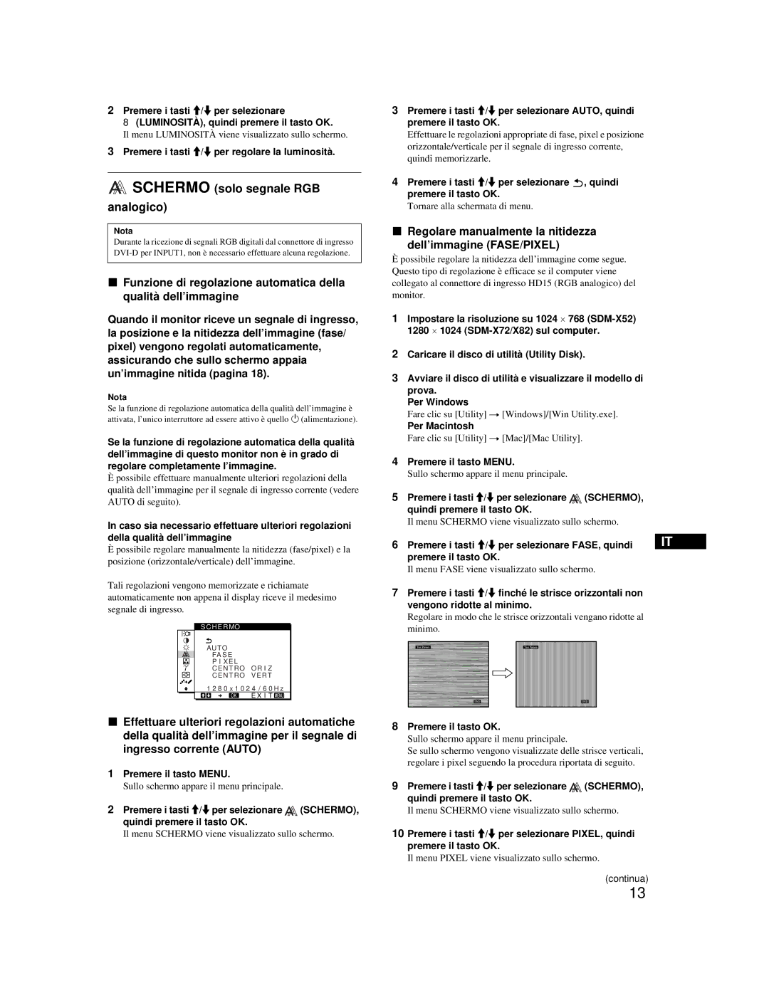 Sony SDM-X52 Schermo solo segnale RGB Analogico, Regolare manualmente la nitidezza dell’immagine FASE/PIXEL, Per Macintosh 