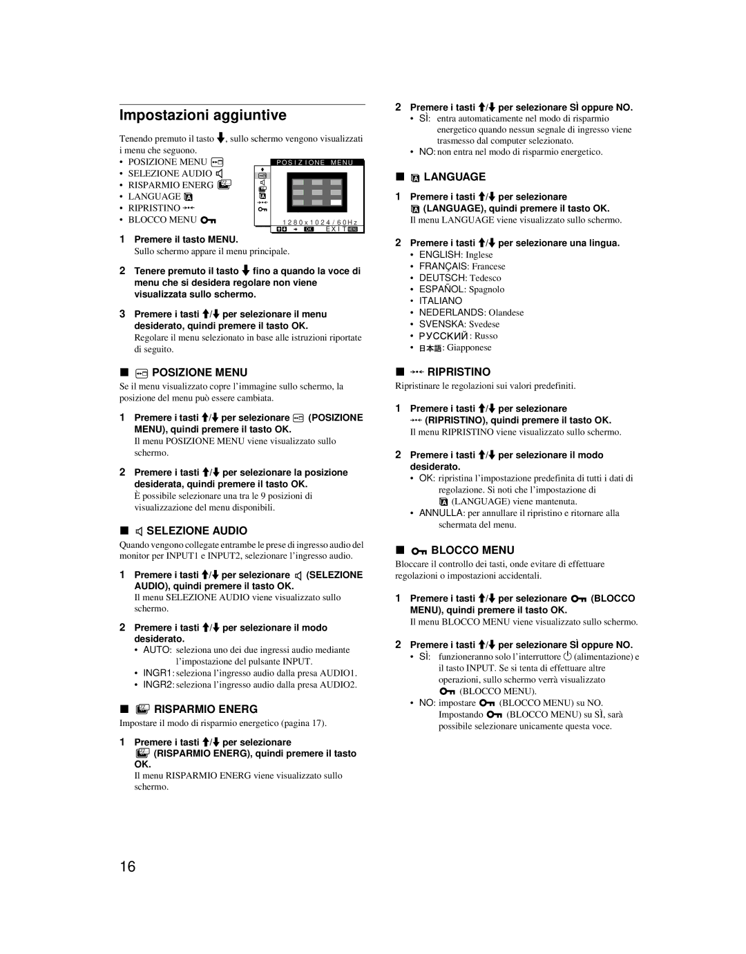 Sony SDM-X52 manual Impostazioni aggiuntive 