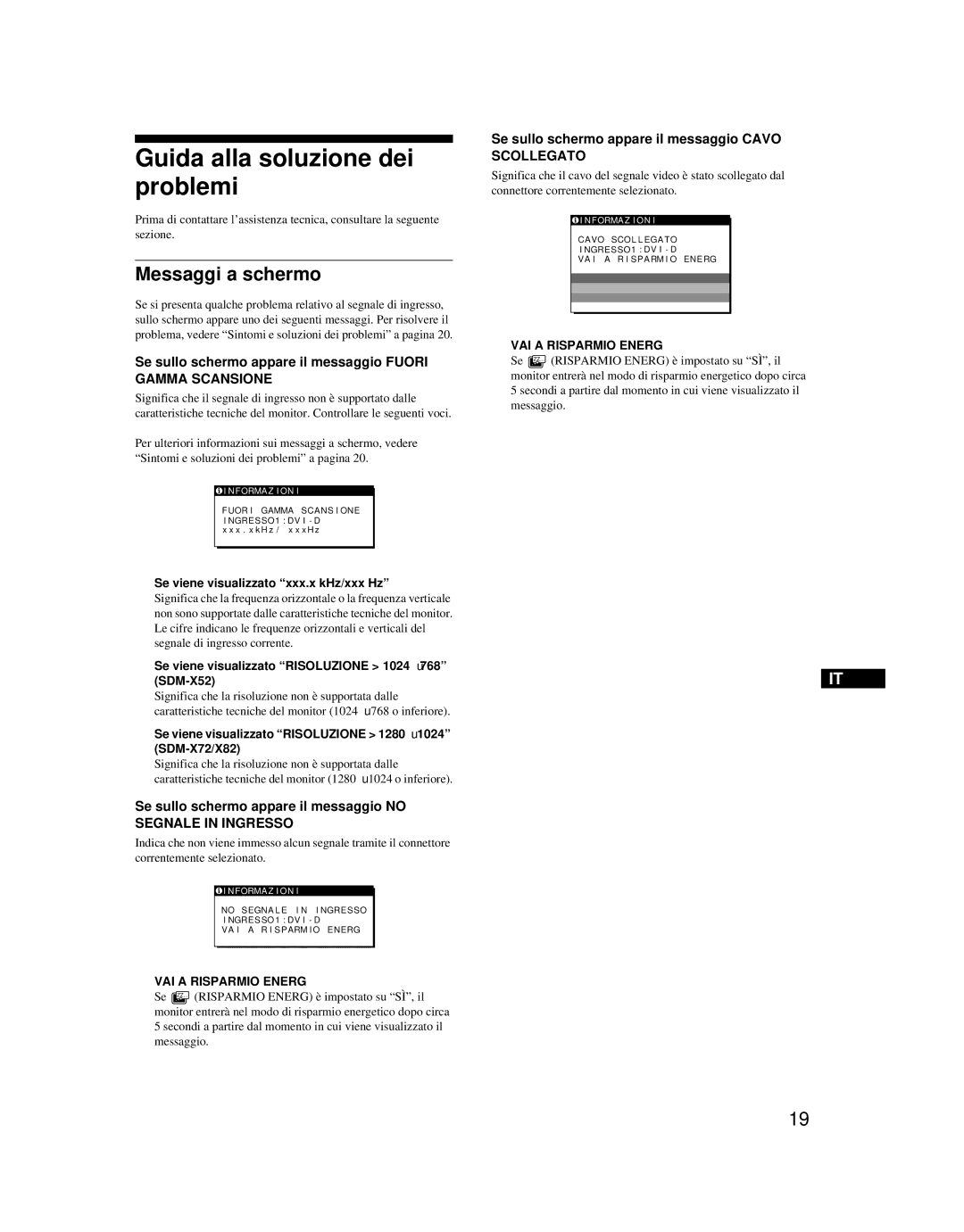 Sony SDM-X52 Guida alla soluzione dei problemi, Messaggi a schermo, Se sullo schermo appare il messaggio Cavo Scollegato 