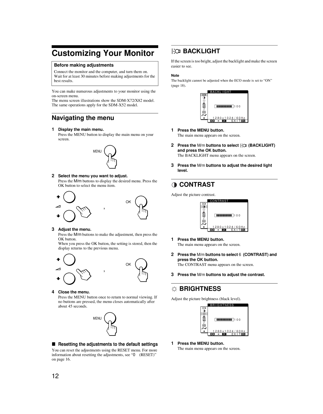 Sony SDM-X52 manual Customizing Your Monitor, Navigating the menu, Backlight, Contrast, Brightness 