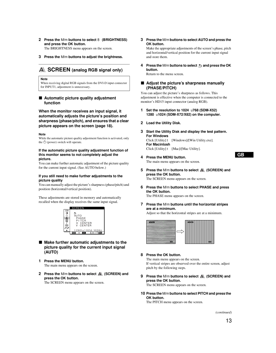 Sony SDM-X52 manual Screen analog RGB signal only, Automatic picture quality adjustment function 