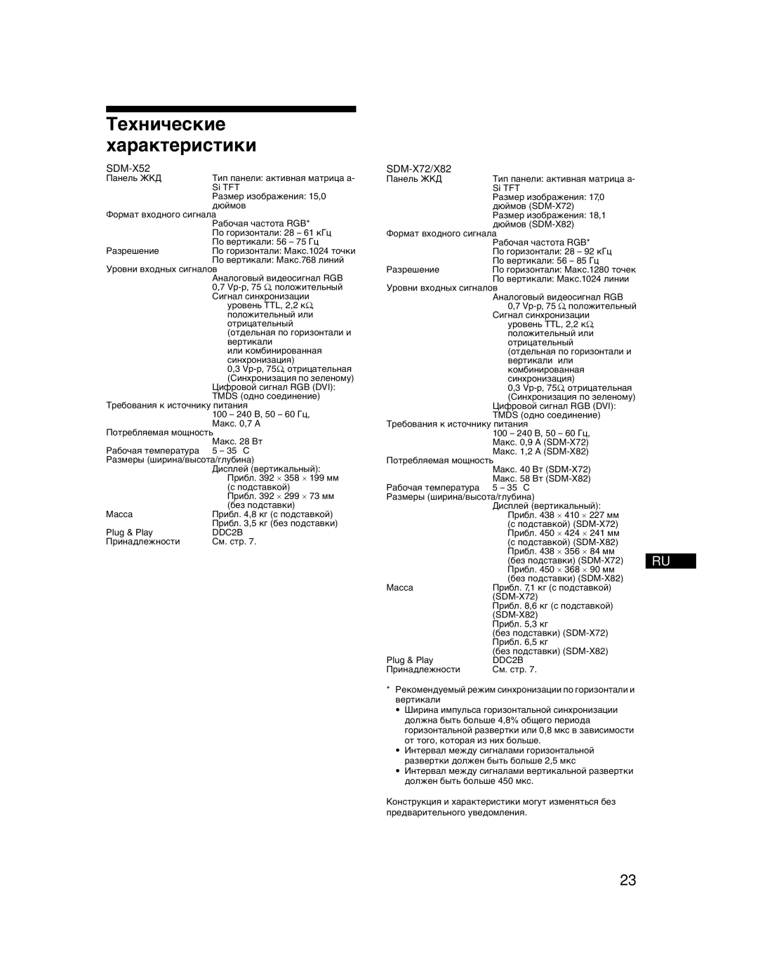 Sony SDM-X52 manual Технические Характеристики 