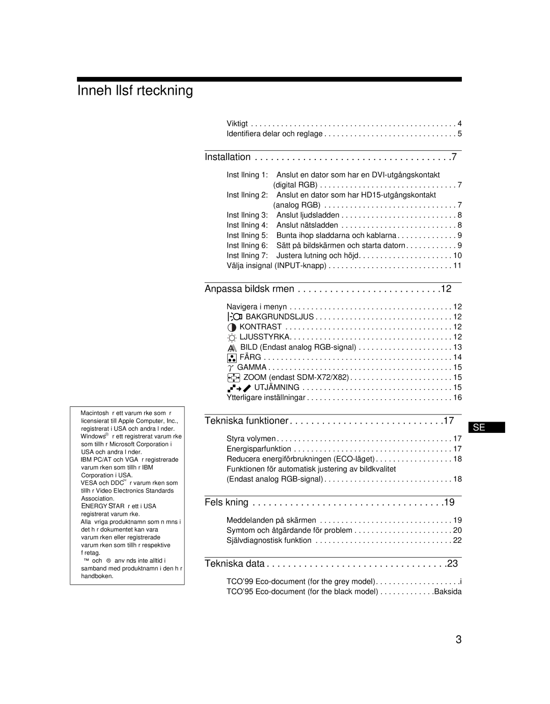 Sony SDM-X52 manual Innehållsförteckning, Anpassa bildskärmen 