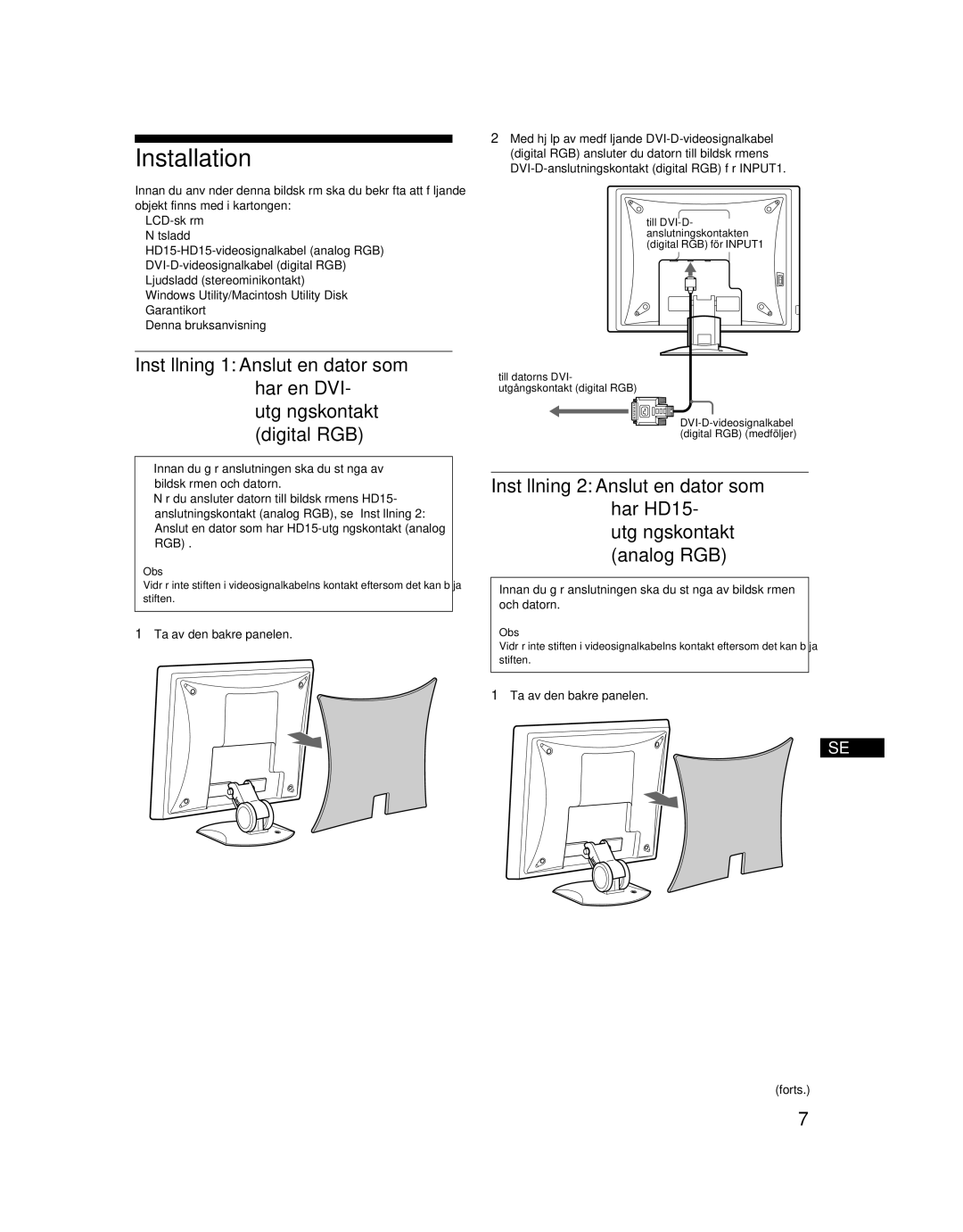 Sony SDM-X52 manual Ta av den bakre panelen, Obs 