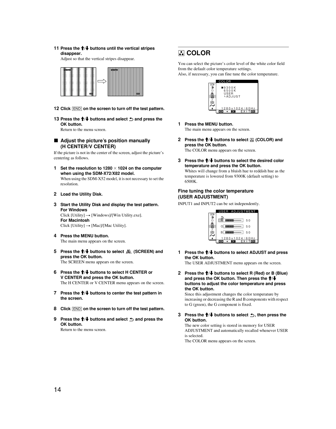 Sony SDM-X52 Color, Adjust the picture’s position manually, Fine tuning the color temperature 