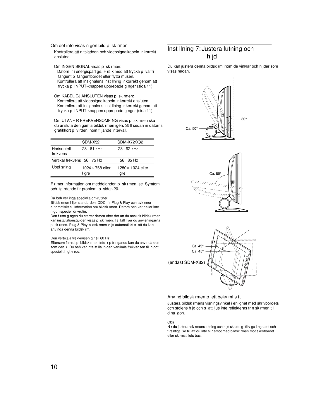 Sony SDM-X52 manual Inställning 7 Justera lutning och höjd, Om det inte visas någon bild på skärmen 