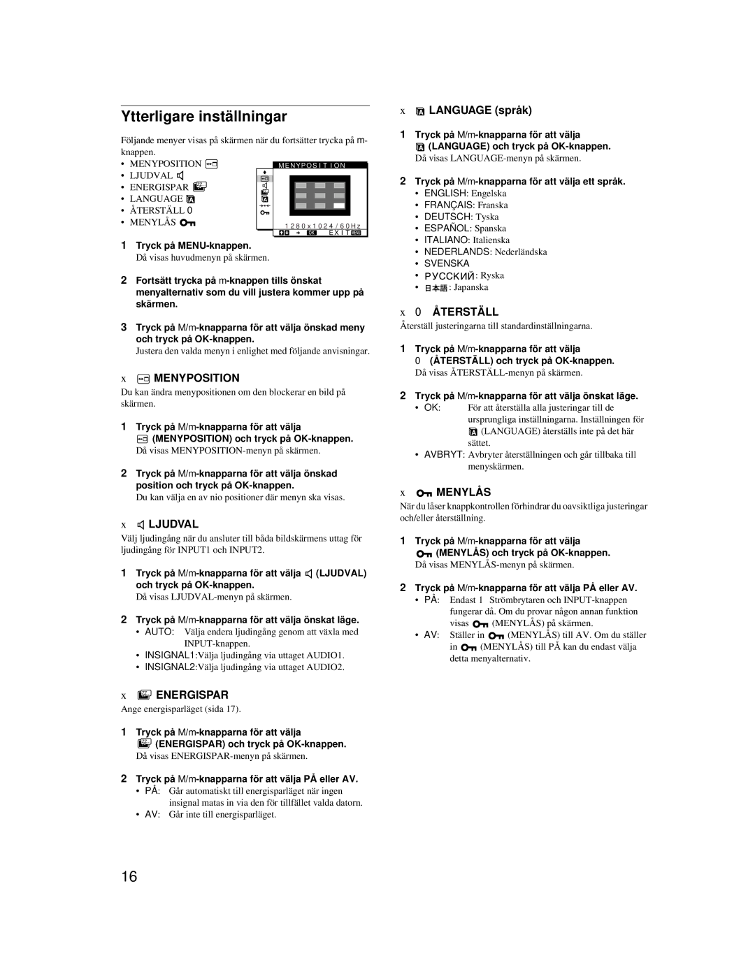 Sony SDM-X52 manual Ytterligare inställningar 