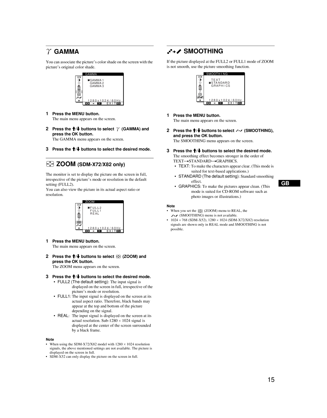 Sony SDM-X52 manual Gamma, Smoothing, Zoom SDM-X72/X82 only, Press the M/m buttons to select the desired mode 