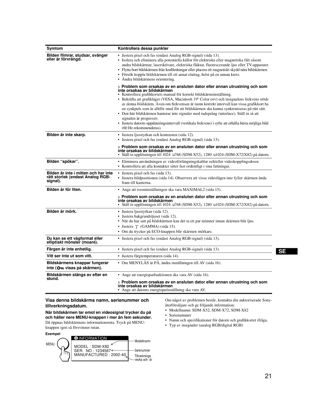 Sony SDM-X52 manual Eller är förvrängd, Bilden är inte skarp, Bilden spökar, Bilden är inte i mitten och har inte, Signal 