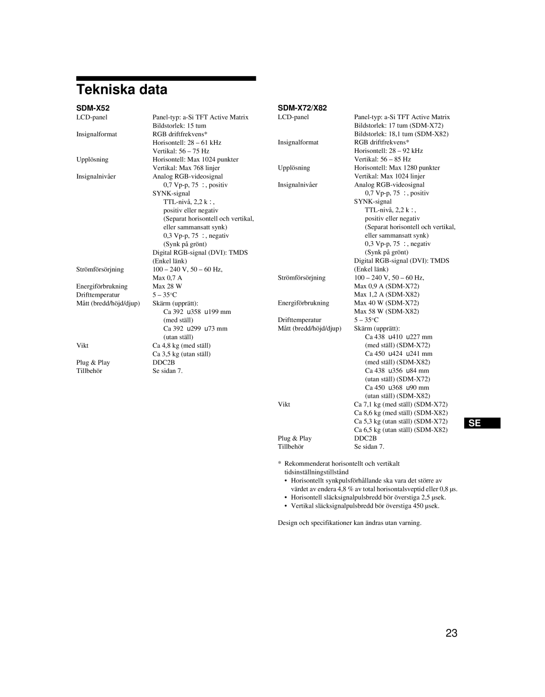 Sony SDM-X52 manual Tekniska data, SDM-X72/X82 