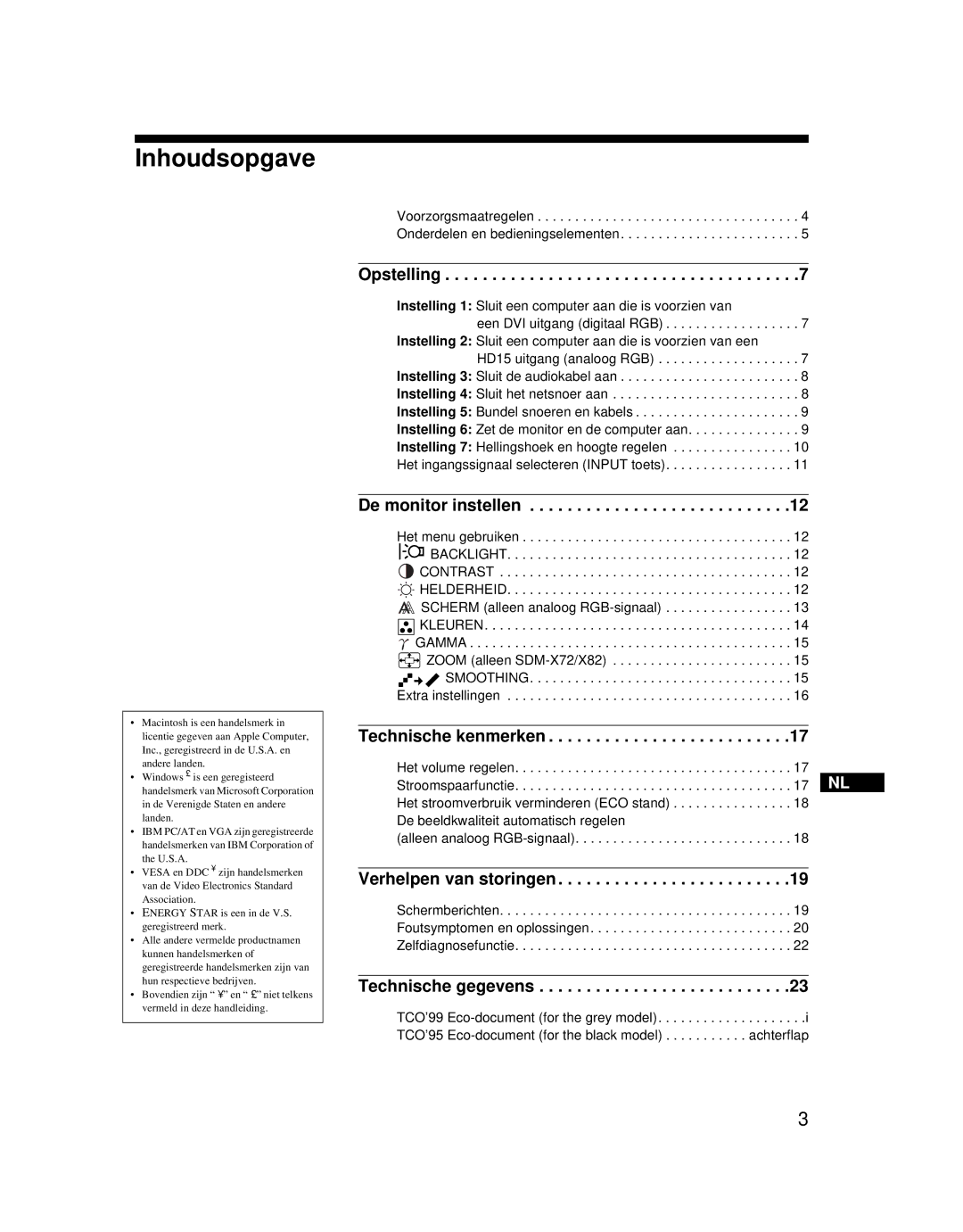 Sony SDM-X52 manual Inhoudsopgave, Opstelling 