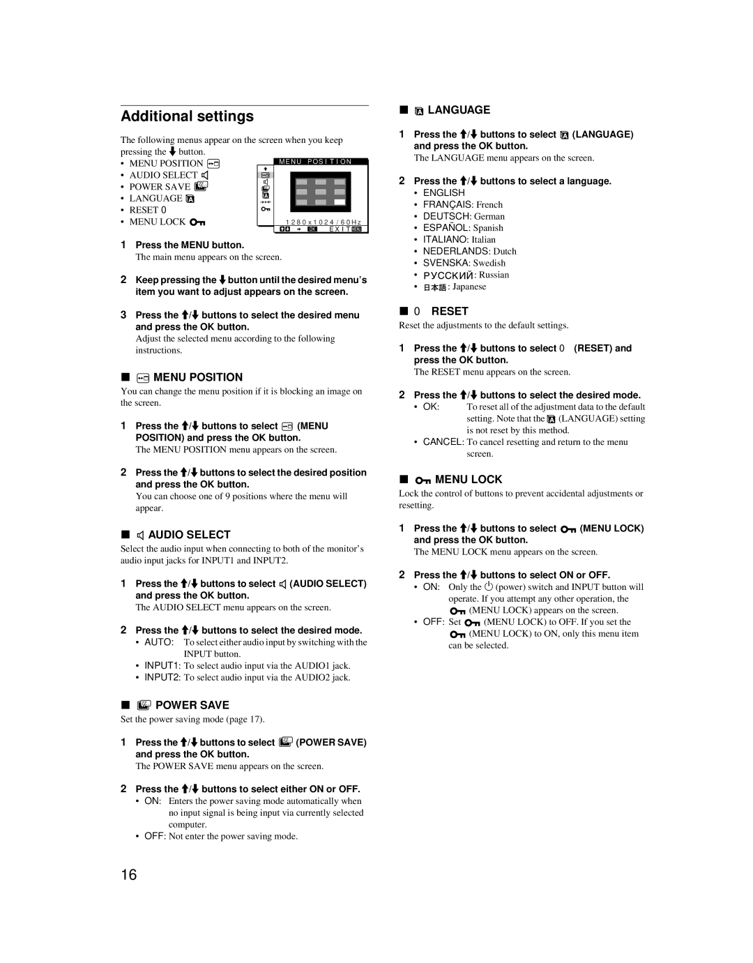 Sony SDM-X52 manual Additional settings 