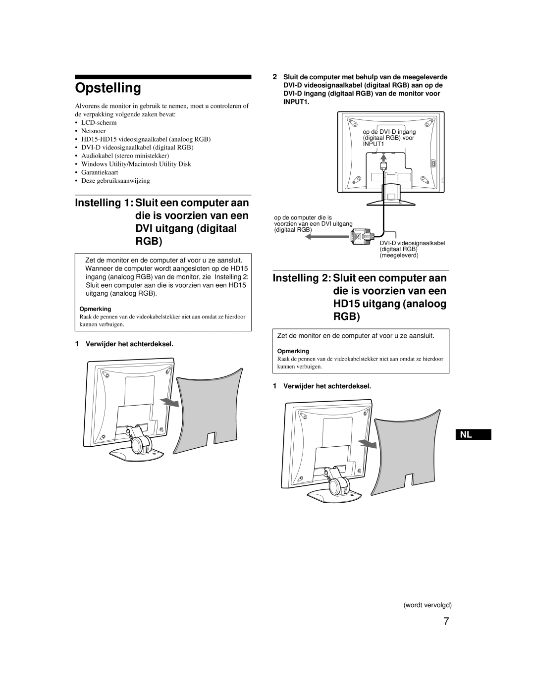 Sony SDM-X52 manual Opstelling, Verwijder het achterdeksel, Opmerking 