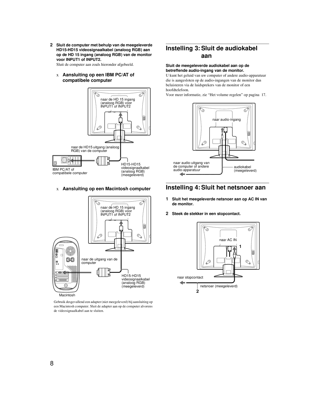 Sony SDM-X52 manual Instelling 3 Sluit de audiokabel aan, Instelling 4 Sluit het netsnoer aan 