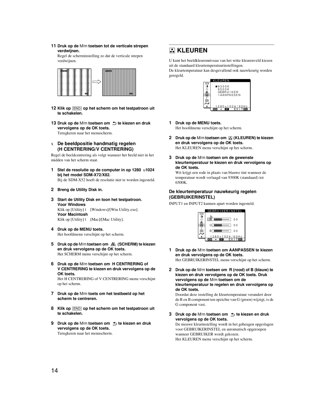 Sony SDM-X52 manual Kleuren, De beeldpositie handmatig regelen, De kleurtemperatuur nauwkeurig regelen 