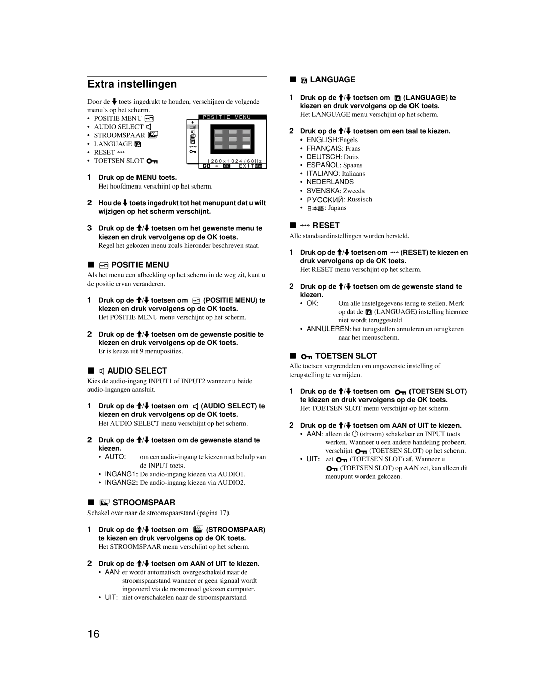 Sony SDM-X52 manual Extra instellingen, Positie Menu, ZZ... Stroomspaar, Toetsen Slot 