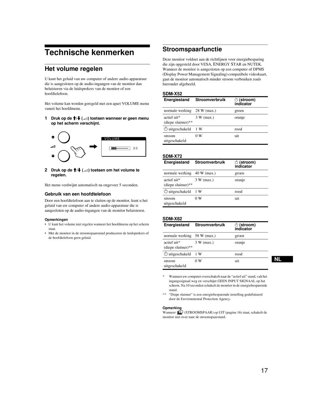 Sony SDM-X52 manual Technische kenmerken, Het volume regelen, Stroomspaarfunctie, Gebruik van een hoofdtelefoon 