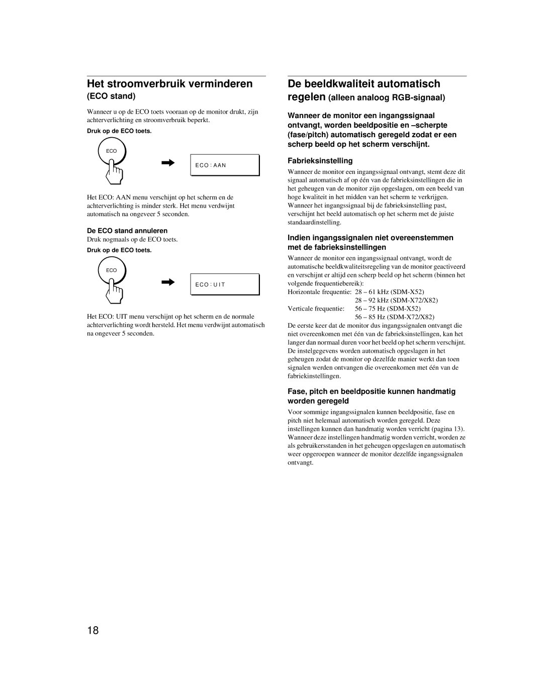 Sony SDM-X52 Het stroomverbruik verminderen, De beeldkwaliteit automatisch, ECO stand, Regelen alleen analoog RGB-signaal 