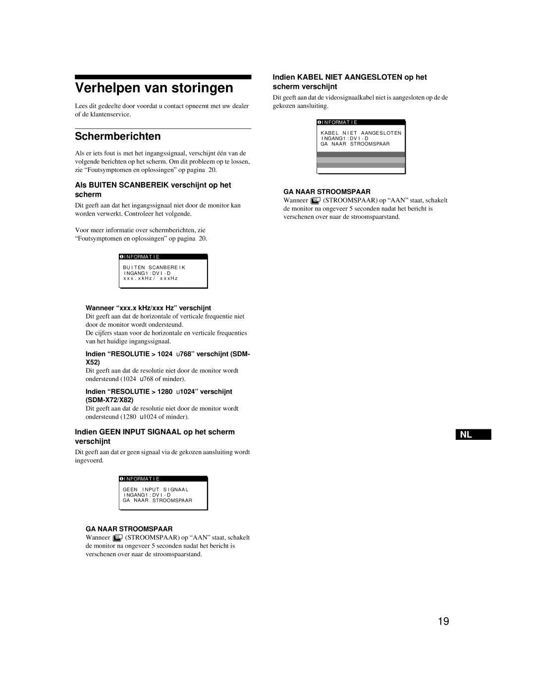 Sony SDM-X52 manual Verhelpen van storingen, Schermberichten, Als Buiten Scanbereik verschijnt op het scherm 